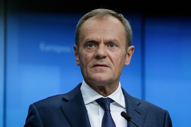 European Council President Donald Tusk addresses a press conference on the sidelines of a EU summit at the European Council in Brussels.