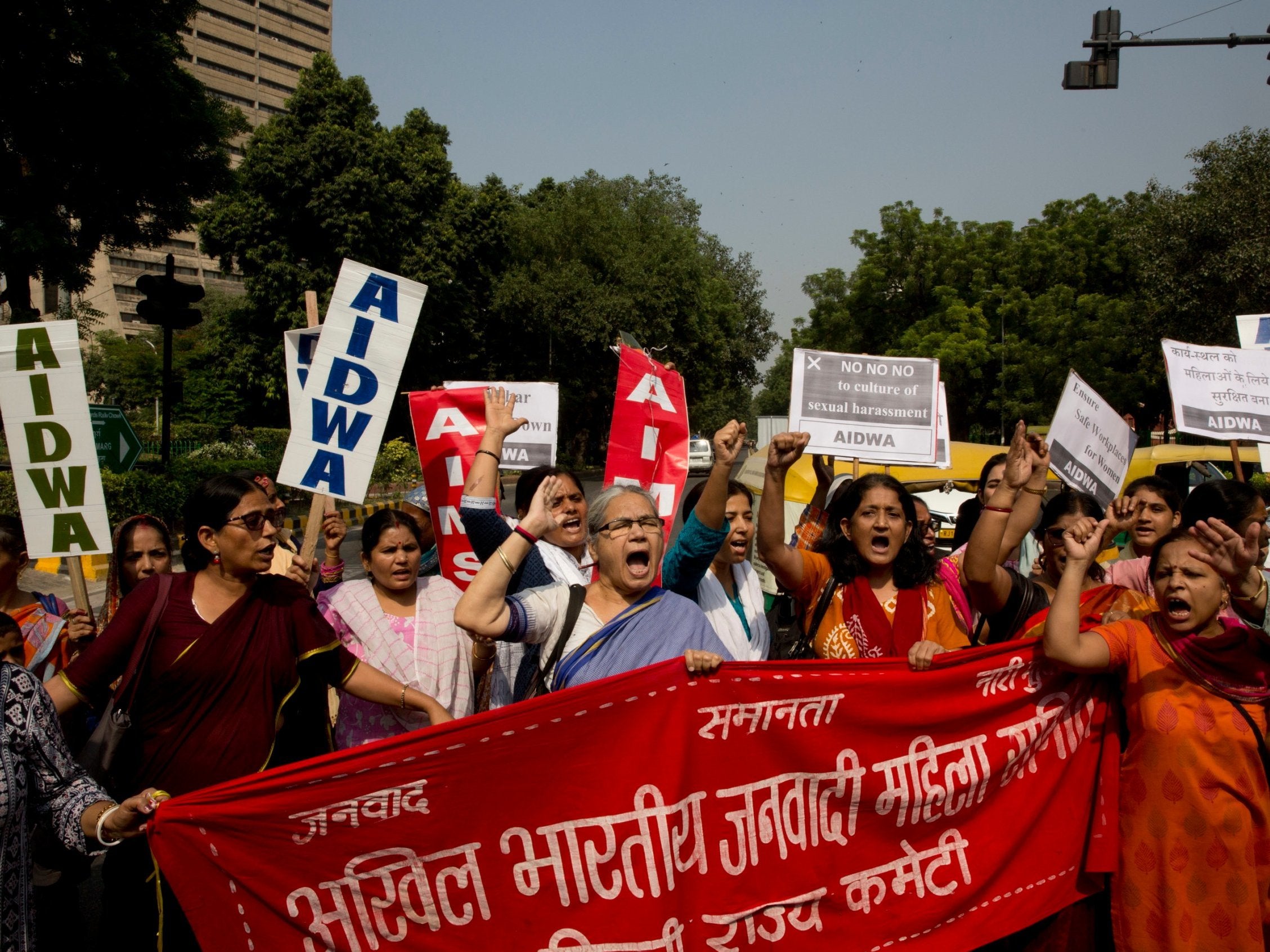 Indian women shout slogans during a protest against sexual harassment in the workplace in New Delhi.
