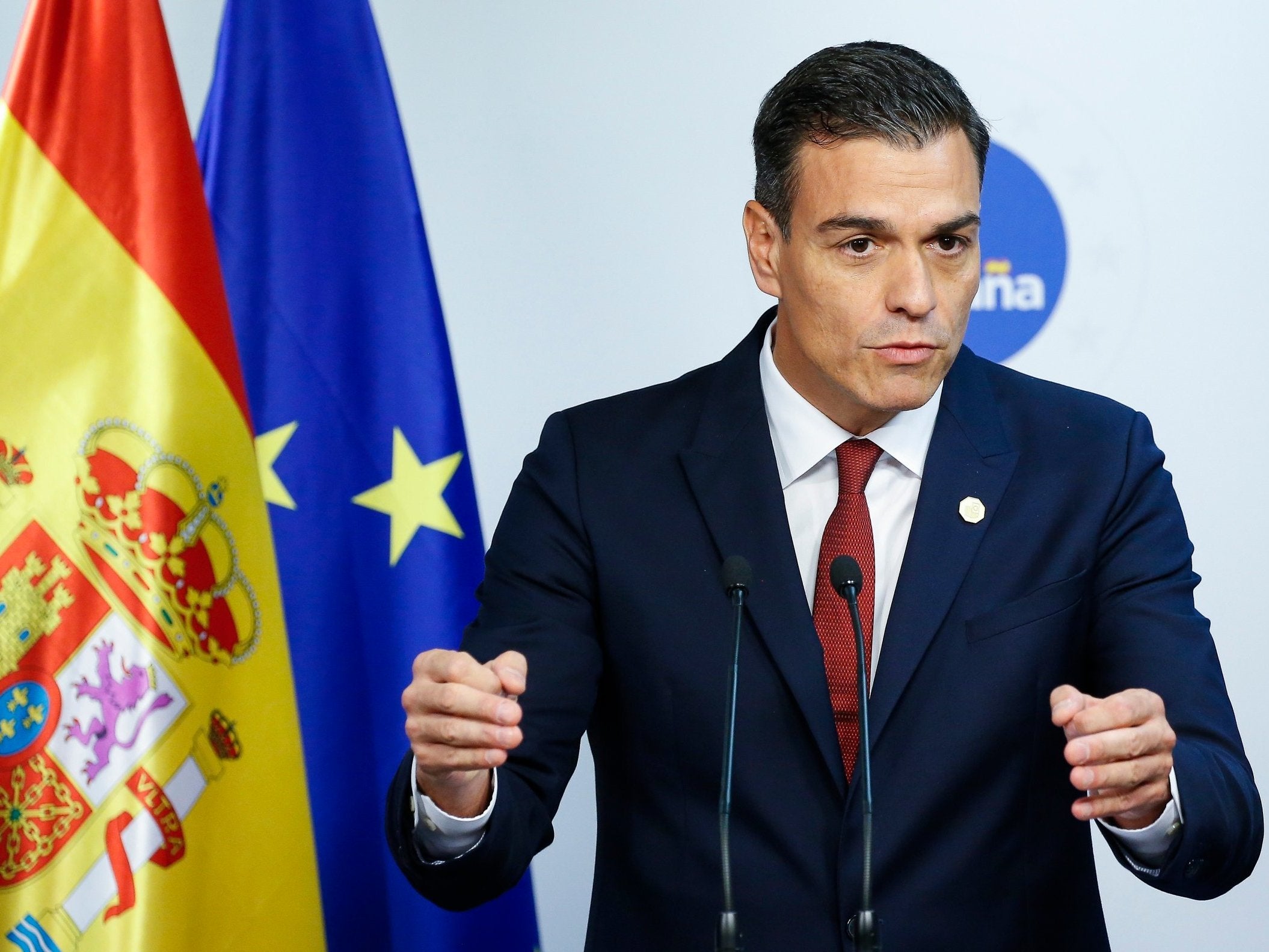 Spain's Prime minister Pedro Sanchez holds a news conference at the European Council summit in Brussels (FILE)