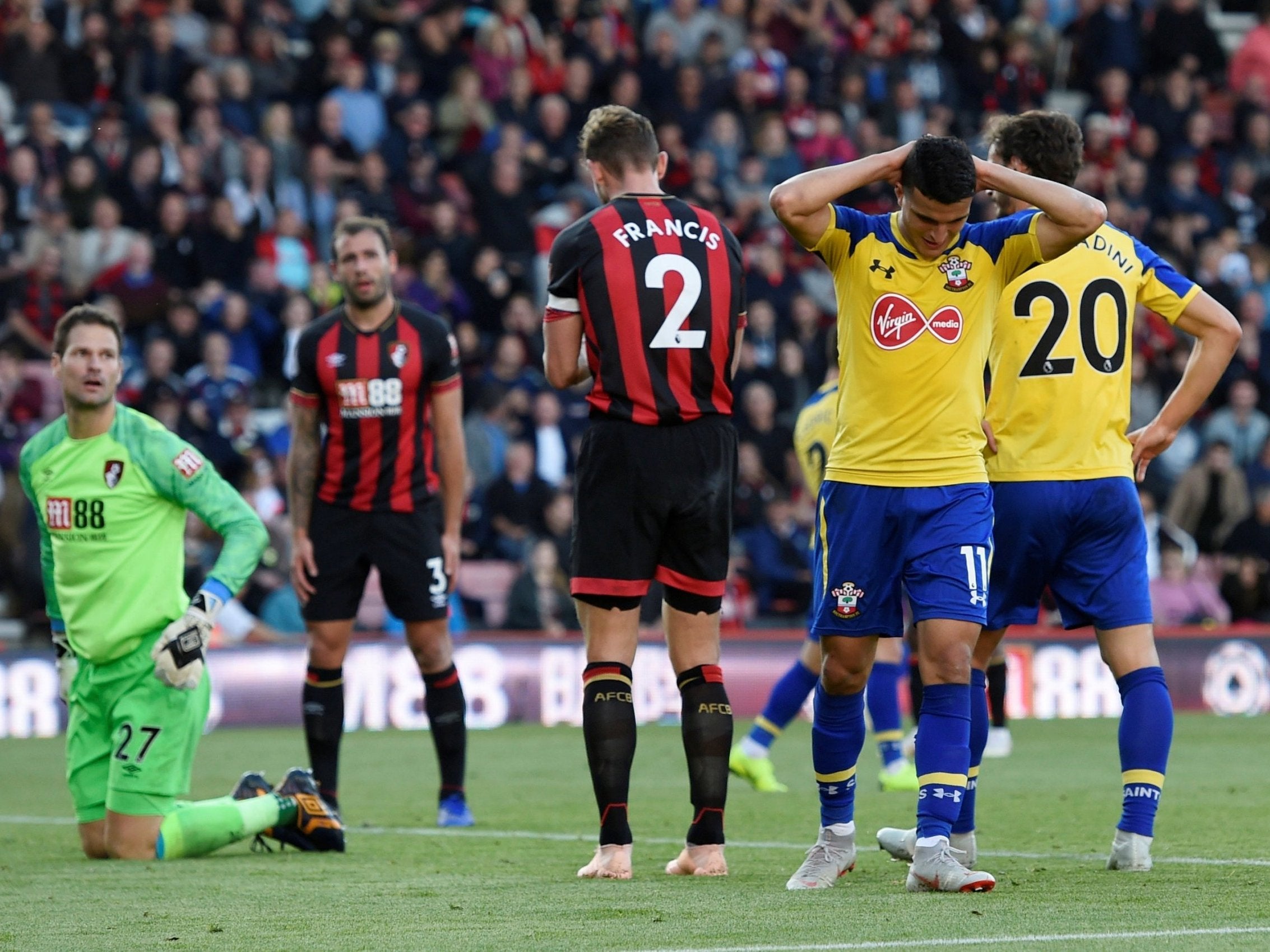 Mohamed Elyounoussi reacts after missing a late chance for Southampton