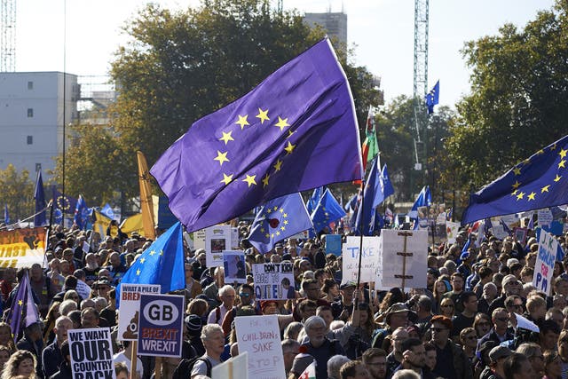 Demonstrators hold placards and European Union flags as they take part in a march calling for a People's Vote on the final Brexit deal, in central London on October 20, 2018. - Britons dreading life outside Europe gathered from all corners of the UK to London on Saturday to try to stop their country's looming breakup with the EU.