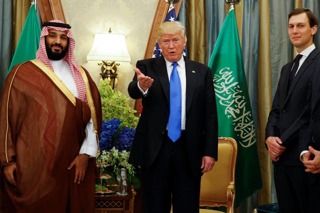 <p>US President Donald Trump, flanked by White House senior advisor Jared Kushner, meets with Saudi Arabia's Deputy Crown Prince Mohammed bin Salman at the Ritz Carlton Hotel in Riyadh</p>