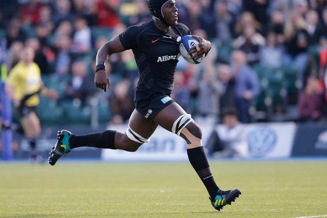 Maro Itoje of Saracens runs in to score his sides first try