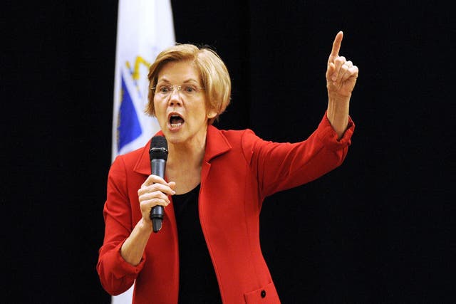 US Senator Elizabeth Warren (D-MA) addresses a town hall meeting in Roxbury, Massachusetts