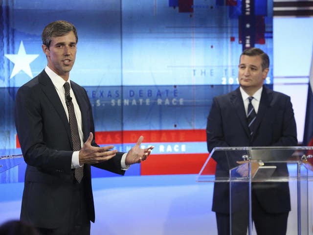 US Representative Beto O'Rourke and US Senator Ted Cruz take part in a debate for the Texas US Senate seat on 16 October 2018.