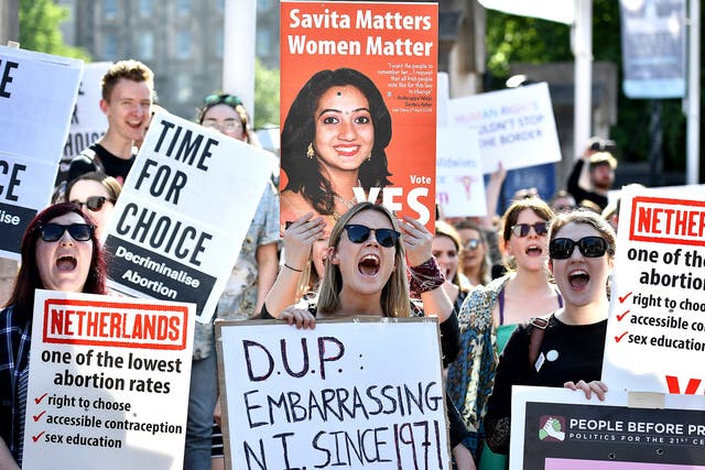 Campaign group Solidarity with Repeal holds a rally calling for abortion rights outside Belfast City Hall on May 28, 2018
