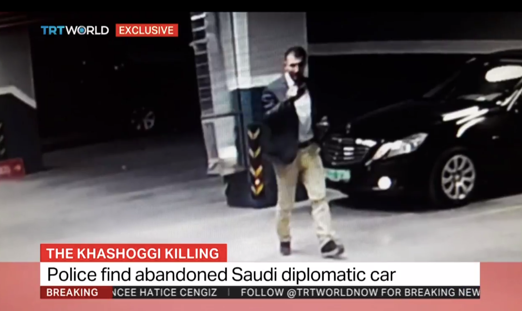 Still from Turkey's state-owned TRT shows mysterious man parking and leaving a Saudi consular vehicle in underground garage park on Istanbul's outskirts.