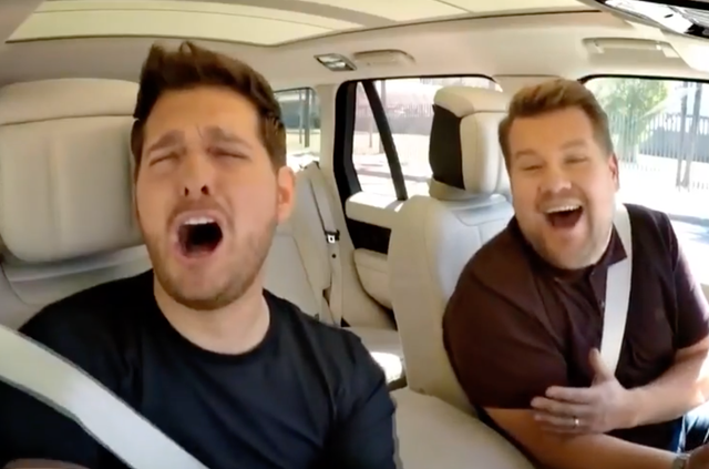 Michael Buble and James Corden in a Carpool Karaoke special