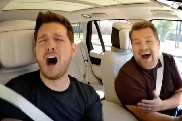 Michael Buble and James Corden in a Carpool Karaoke special