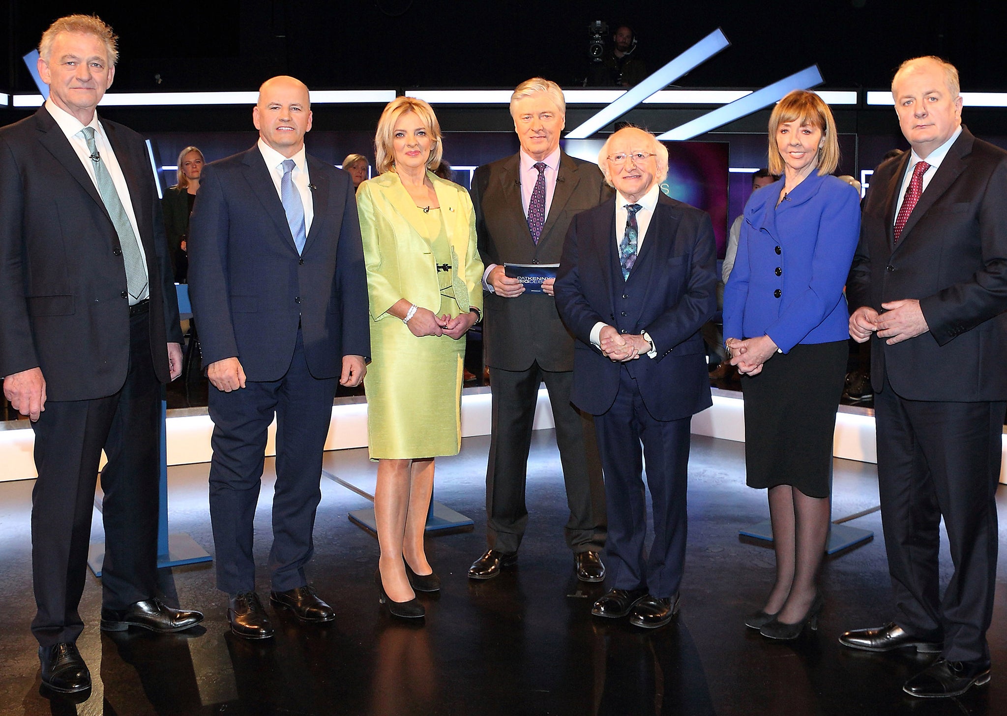 Irish presidential candidates (L to R) Peter Casey, Sean Gallagher, Liadh Ni Riada, Michael D Higgins, Joan Freeman and Gavin Duffy are pictured with Pat Kenny ahead of the final RTE debate