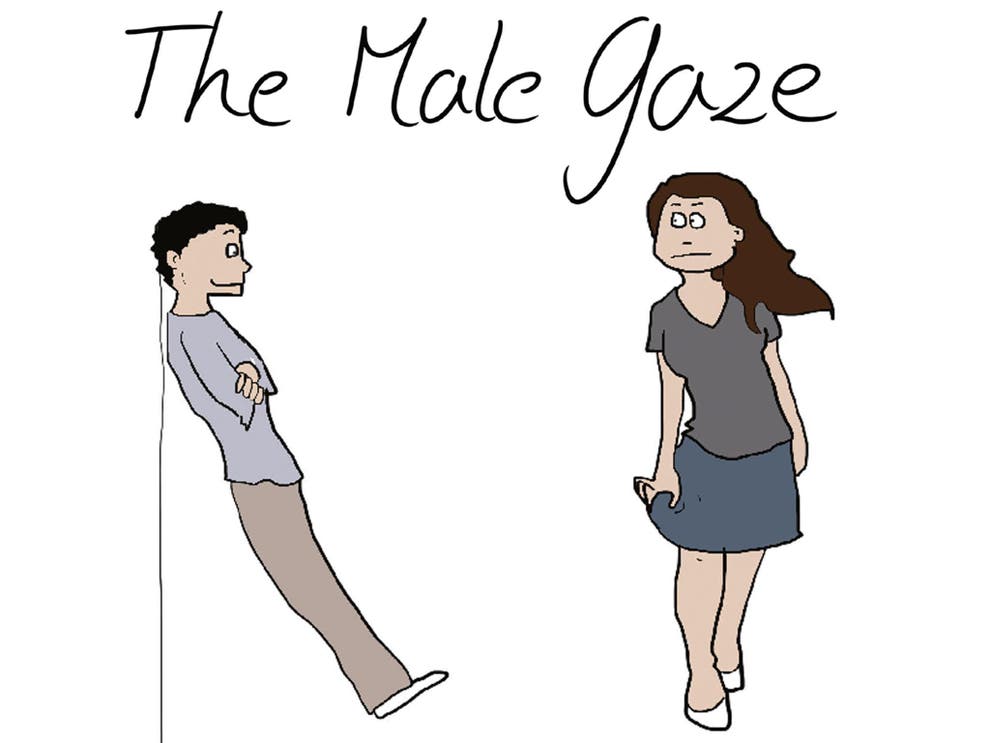 ID: two white people, one appearing to be a man, another to be a woman. The man is leaning against a wall gazing upon the woman. She is wearing a knee length skirt and a high-cut blouse, using her arms to attempt to shield herself from the man's gaze.