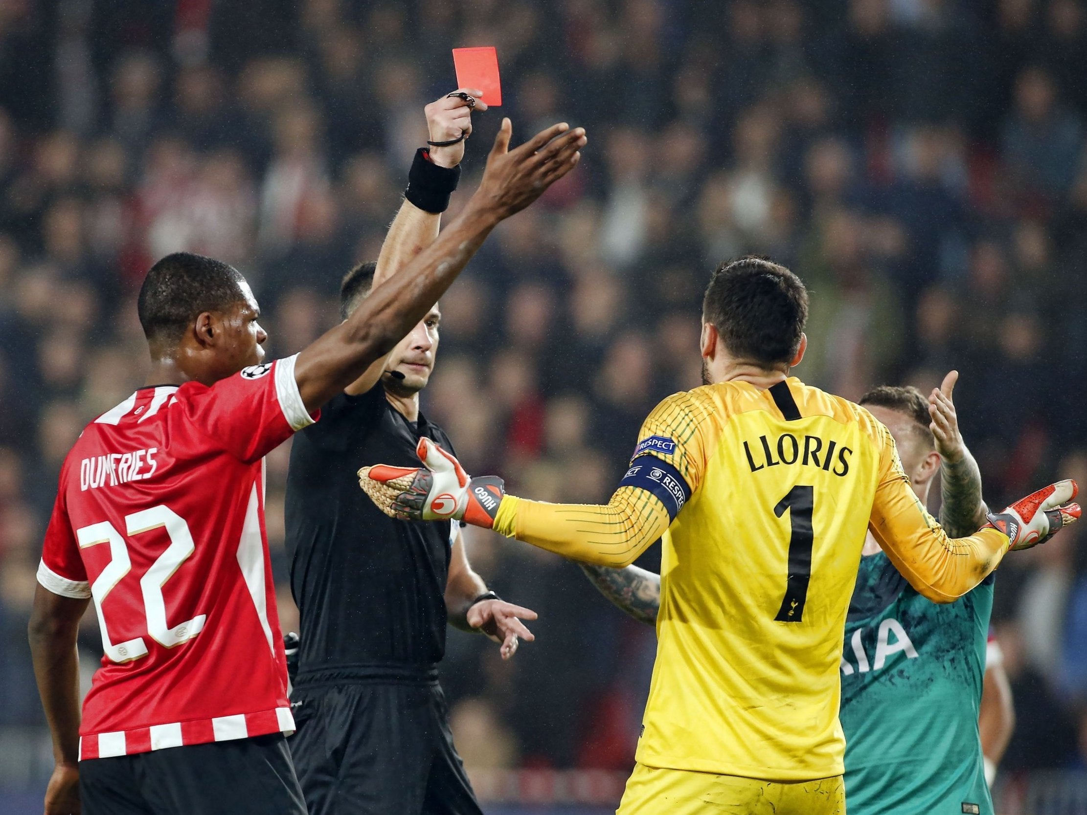 Hugo Lloris receives his marching orders against PSV in midweek