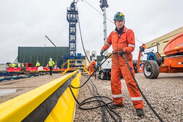 A worker at the Cuadrilla fracking site in Preston New Road, where extraction began this month