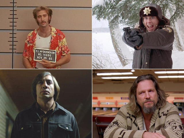 Clockwise from top left: Nic Cage in 'Raising Arizona', Frances McDormand in 'Fargo', Jeff Bridges in 'The Big Lebowski' and Javier Bardem in 'No Country For Old Men'