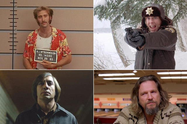 Clockwise from top left: Nic Cage in 'Raising Arizona', Frances McDormand in 'Fargo', Jeff Bridges in 'The Big Lebowski' and Javier Bardem in 'No Country For Old Men'