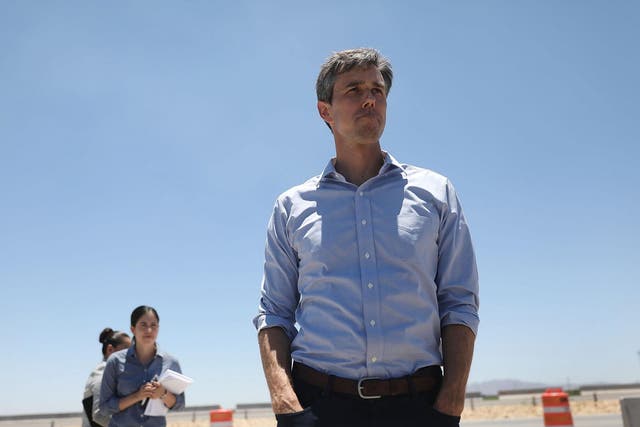 Beto O'Rourke arrives for a tour with other politicans of the tent encampment recently built near the Tornillo-Guadalupe Port of Entry in Tornillo, Texas