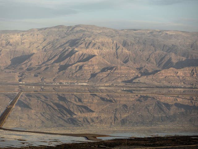 Jordan's mountains seen behind the southern part of the Dead Sea