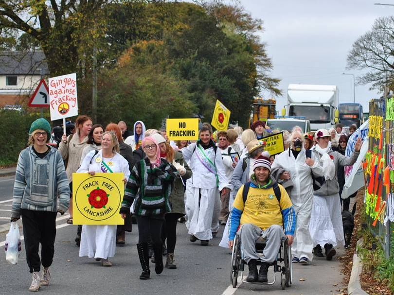 Anti-fracking protesters at Preston New Road, near Little Plumpton, Lancashire, in 2018