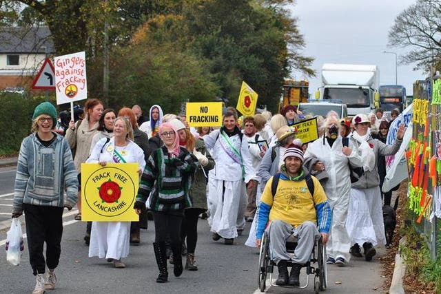 <p>Anti-fracking protesters at Preston New Road, near Little Plumpton, Lancashire, in 2018 </p>