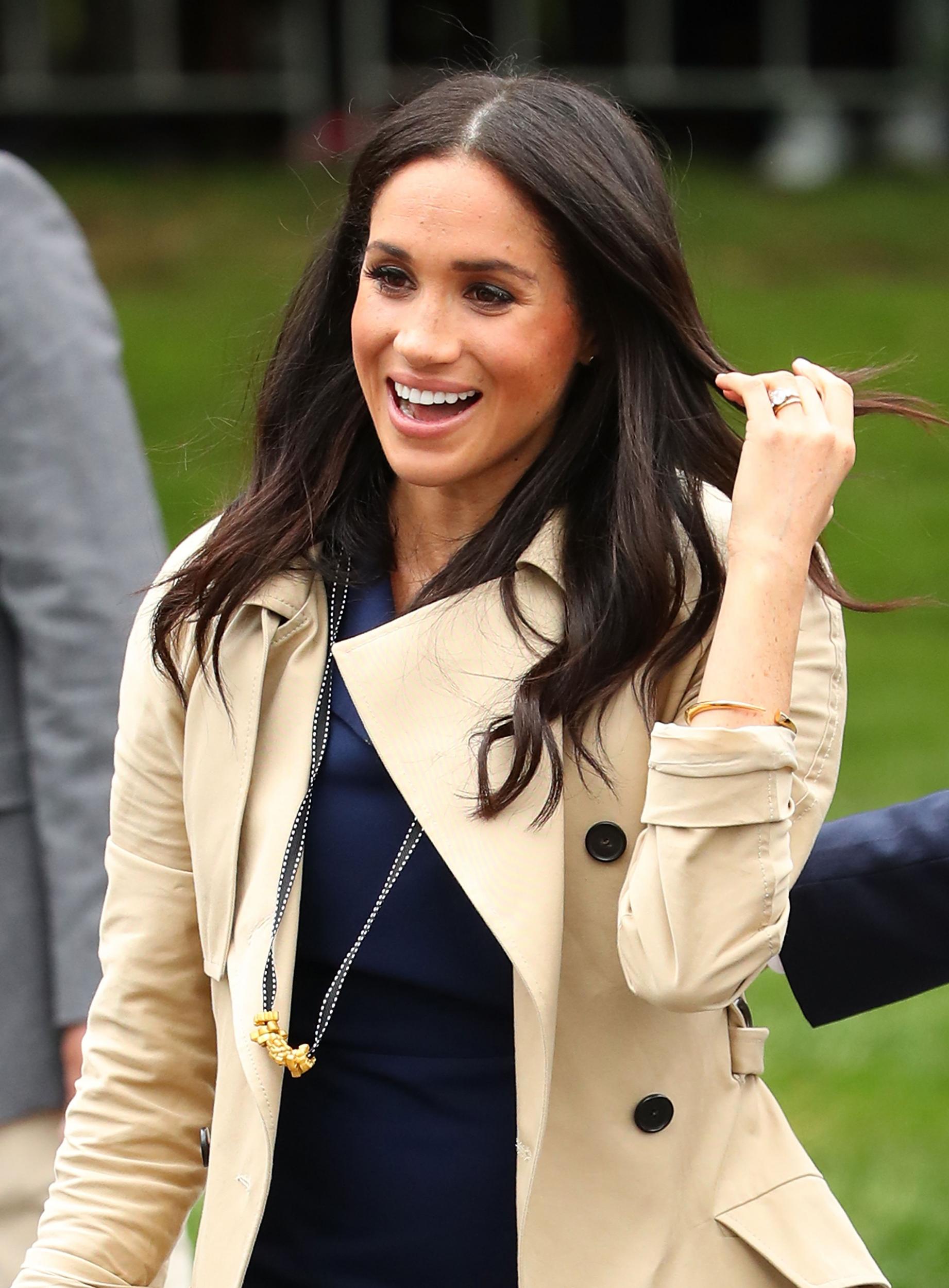 The Duchess of Sussex wearing the pasta necklace presented to her by six-year-old Gavin Hazelwood in Melbourne