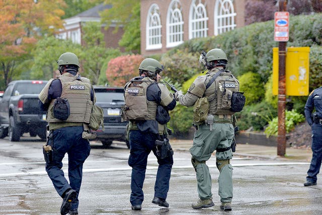 Police respond to an active shooter situation at the Tree of Life synagogue on Wildins Avenue in the Squirrel Hill neighborhood of Pittsburgh