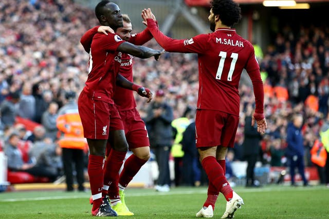 Sadio Mane celebrates after hitting Liverpool's fourth goal