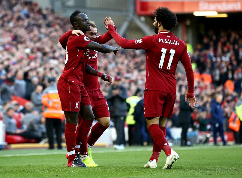 Sadio Mane celebrates after hitting Liverpool's fourth goal