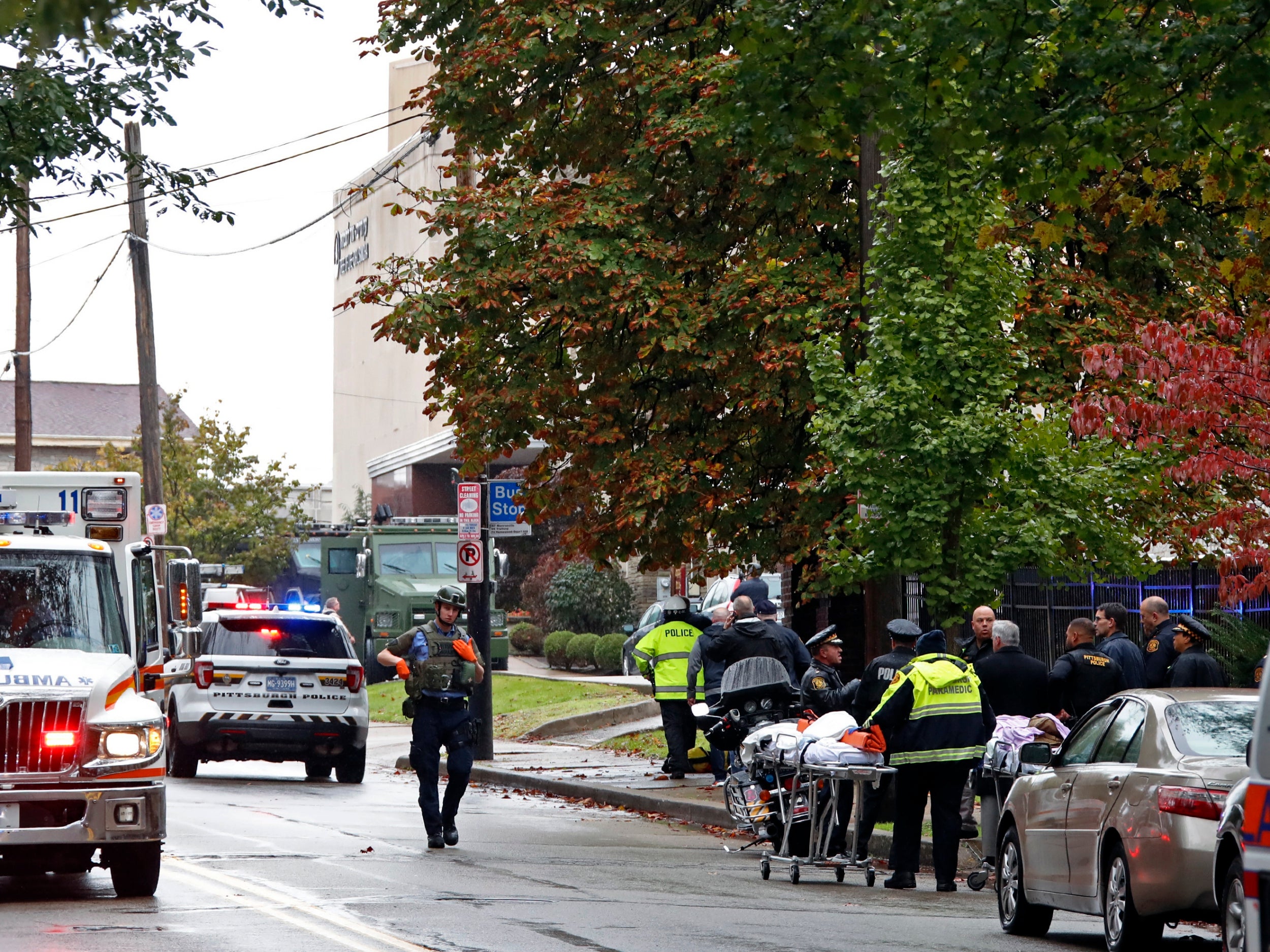 Emergency services surround the Tree of Life synagogue in Pittsburgh, where 11 people were killed in an antisemitic attack in October