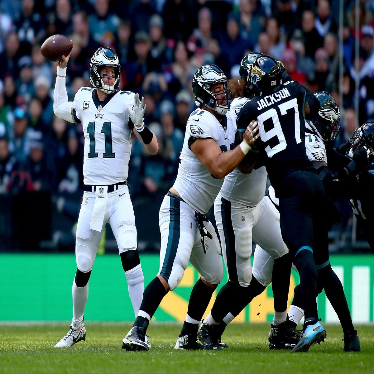 London, UK. 28 October 2018. Jaguars entrance tunnel to the field.  Philadelphia Eagles at Jacksonville Jaguars NFL game at Wembley Stadium,  the final game in the NFL London 2018 series. Credit: Stephen