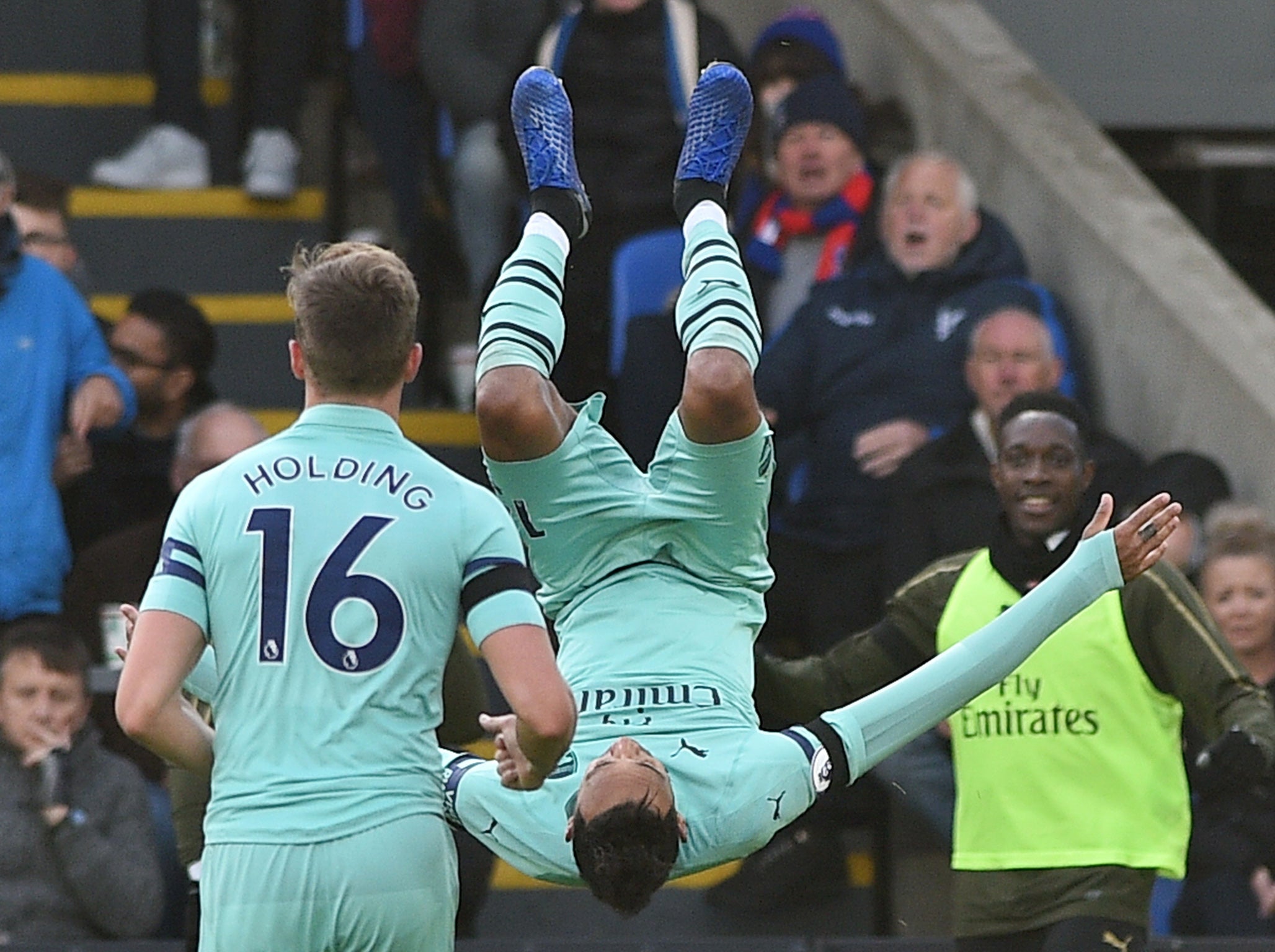 Pierre-Emerick Aubameyang celebrates his controversial goal