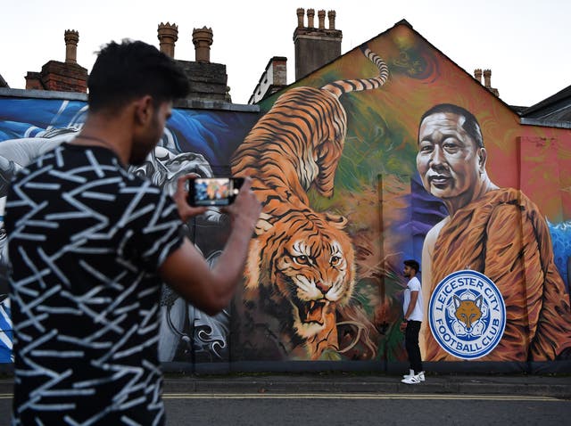 A mural depicting Vichai Srivaddhanaprabha in Leicester