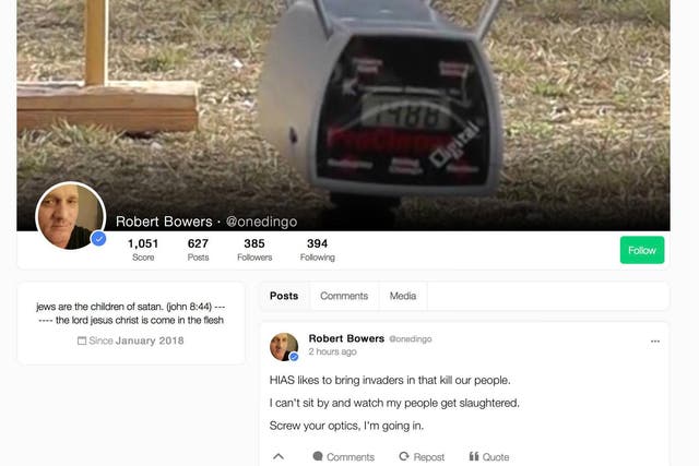 A now-deleted account in the name of alleged Pittsburgh shooter Robert Gowers on Gab