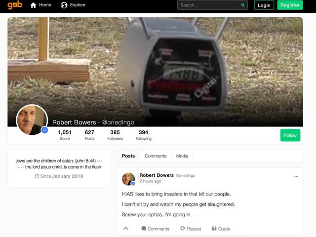 A now-deleted account in the name of alleged Pittsburgh shooter Robert Gowers on Gab