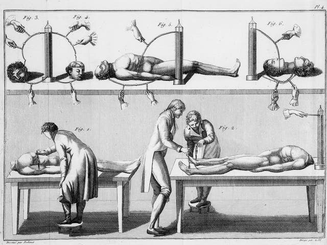 Spectators watched as Giovanni Aldini’s experiments brought a human corpse to ‘the eve of being restored to life’