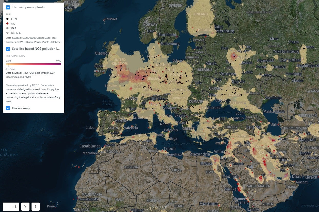 Greenpeace mapped satellite-tracked nitrogen dioxide emissions data from summer 2018 with sources of air pollution