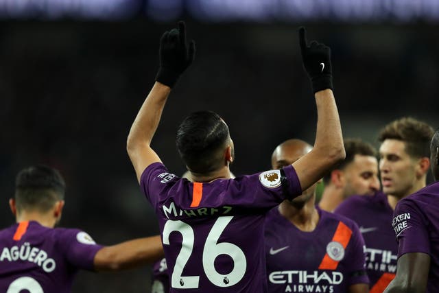 Riyad Mahrez pointed to the sky after scoring Manchester City's opener