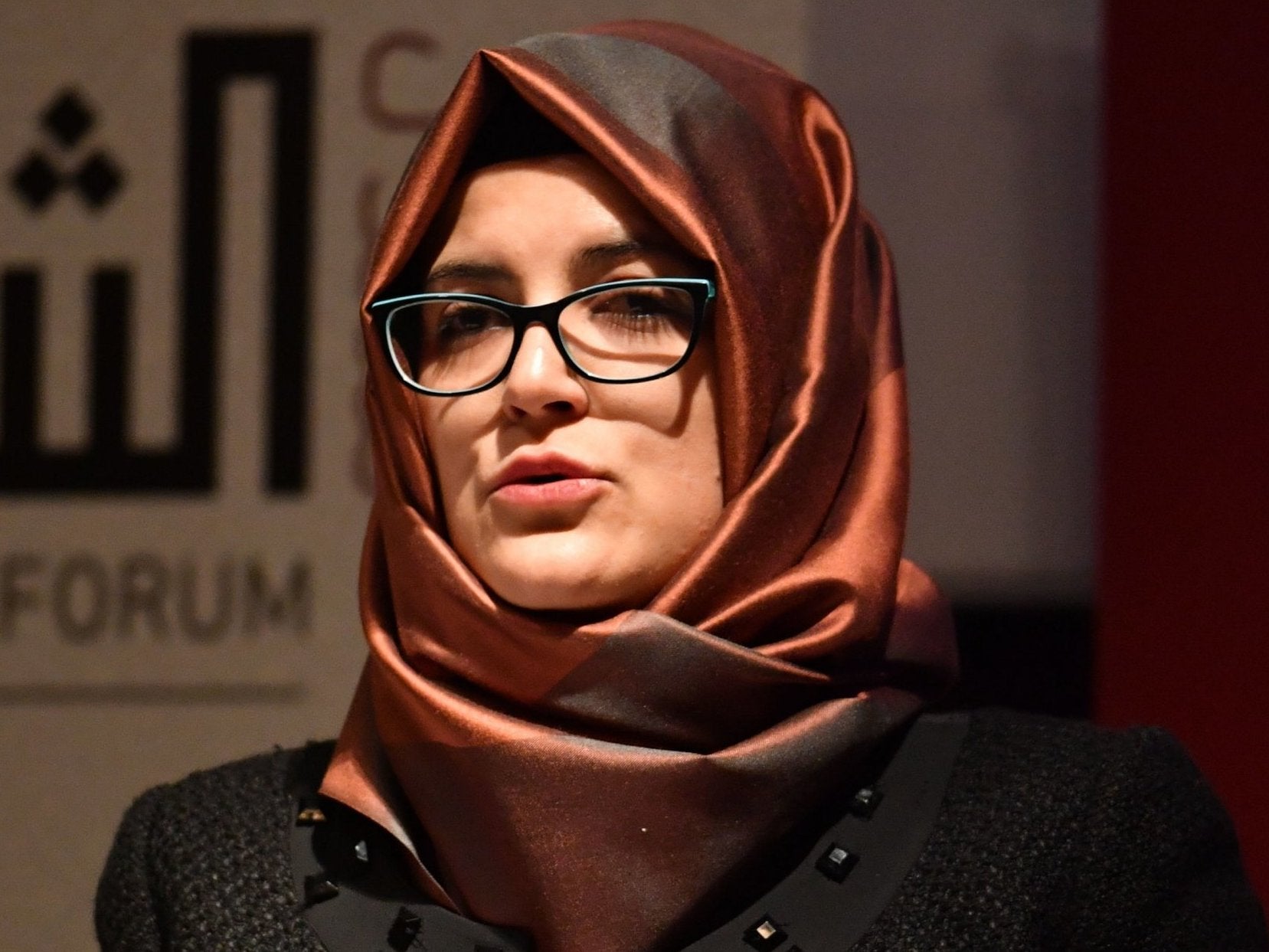 Hatice Cengiz, the fiancee of the murdered journalist Jamal Khashoggi speaks during a memorial event for her fiance at the Insitution of Mechanical Engineers in London