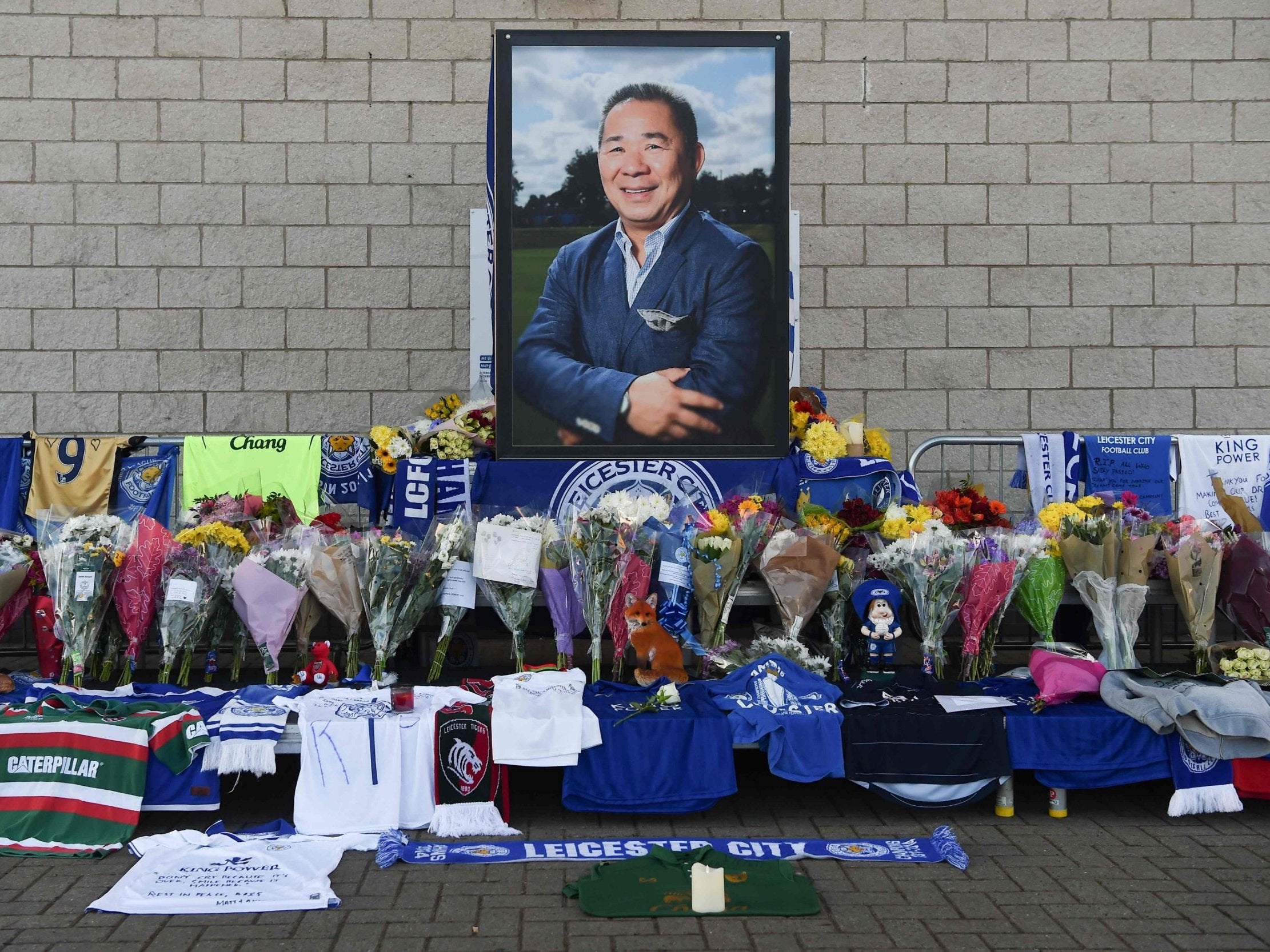 A portrait of Leicester City’s Vichai Srivaddhanaprabha, who died in a helicopter crash at the club’s stadium