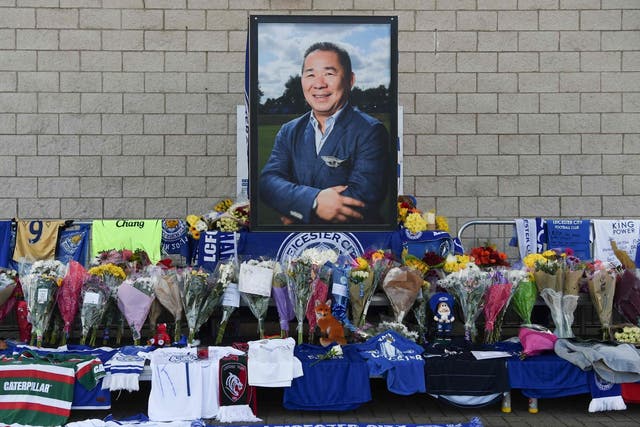 A portrait of Leicester City’s Thai chairman Vichai Srivaddhanaprabha, who died in a helicopter crash at the club’s stadium