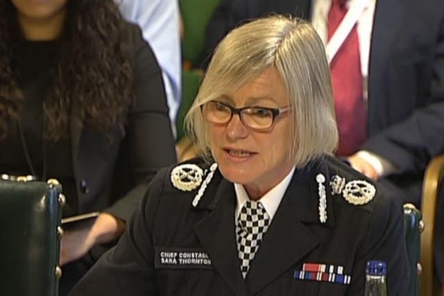 Sara Thornton, chair of the National Police Chiefs' Council, is questioned by the Home Affairs Committee in the Palace of Westminster, London