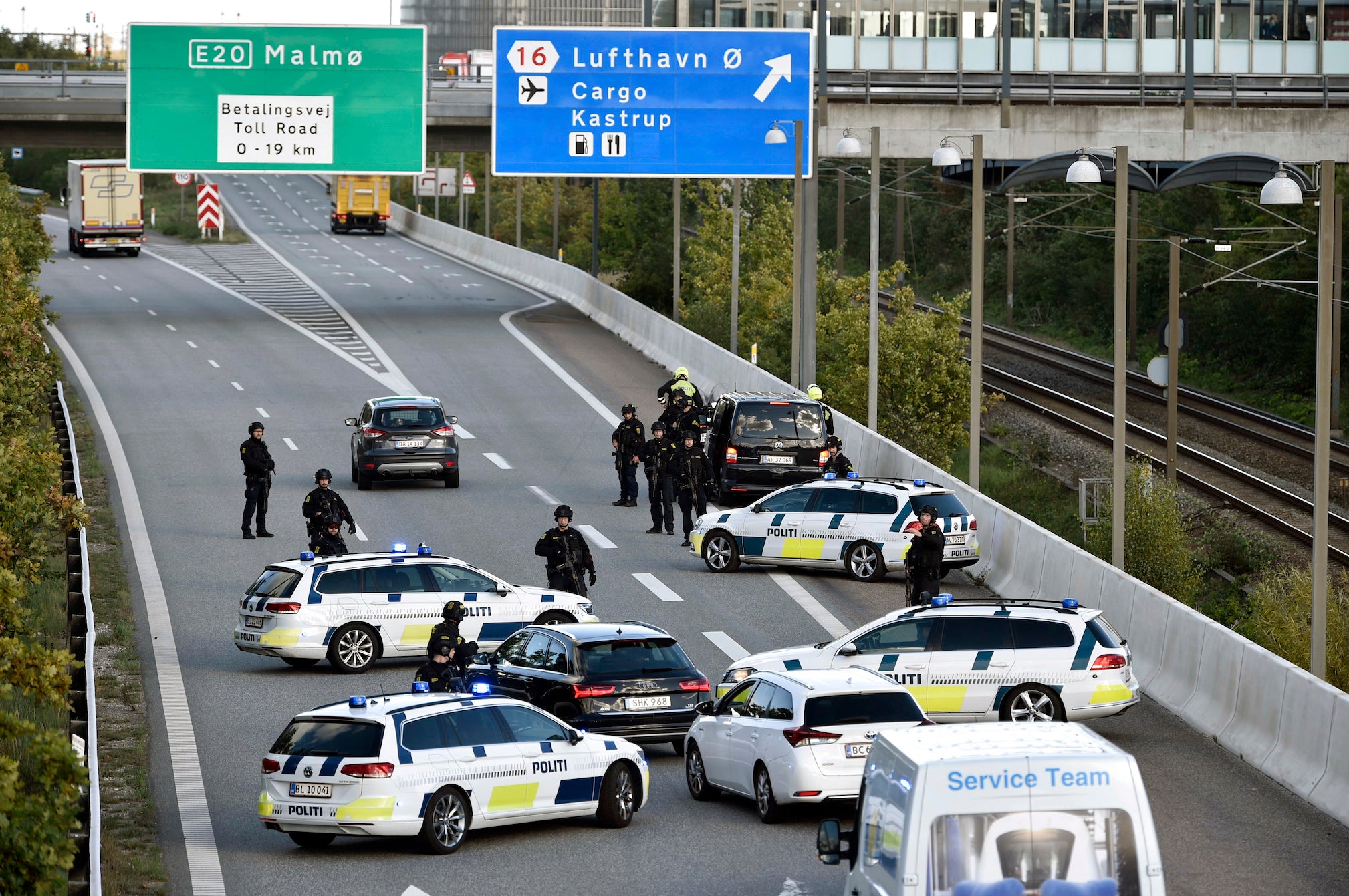 Police vehicles block the street leading to the Oeresund Bridge near Copenhagen, Denmark, 28 September 2018. Denmark on 30 October 2018, has accused Iranian intelligence agencies of planning to assassinate an Iranian activist, believed to be a member of an Arab separatist movement, on Danish soil.