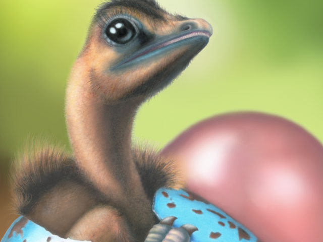 Illustration of a hatching dinosaur chick from a blue egg with brown spots, comparable to the ones revealed by a new analysis