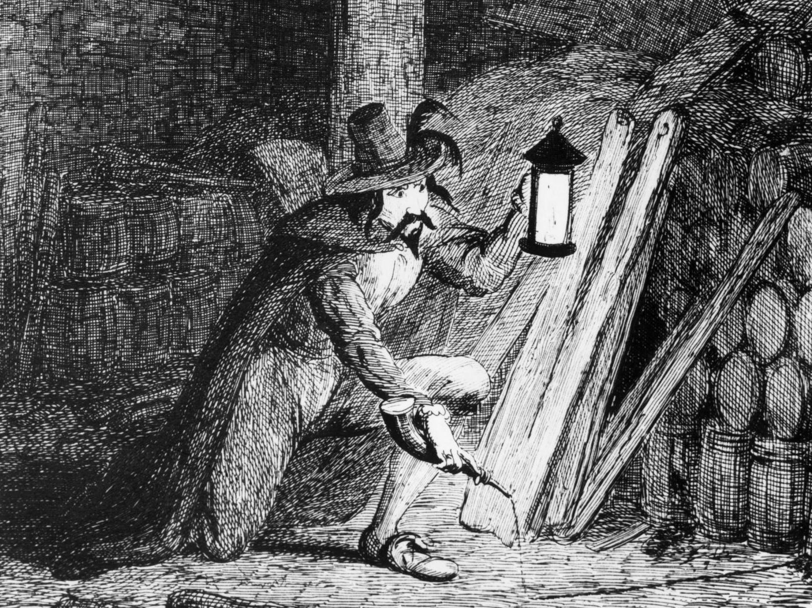 Guy Fawkes attempts to plant gunpowder in the cellar of the Palace of Westminster in an engraving by George Cruikshank