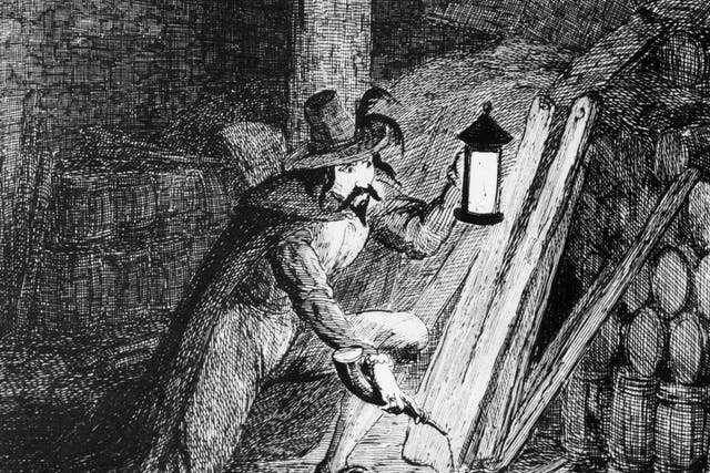 Guy Fawkes attempts to plant gunpowder in the cellar of the Palace of Westminster in an engraving by George Cruikshank
