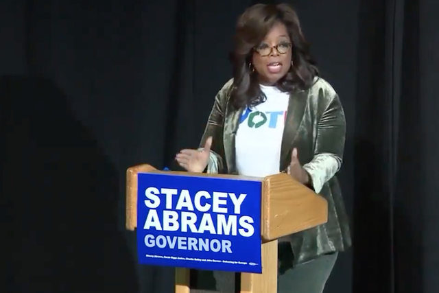 Oprah Winfrey hits the campaign trail with Democratic candidate for Georgia governor Stacey Abrams in Marietta, Georgia, on 1 November 2018.