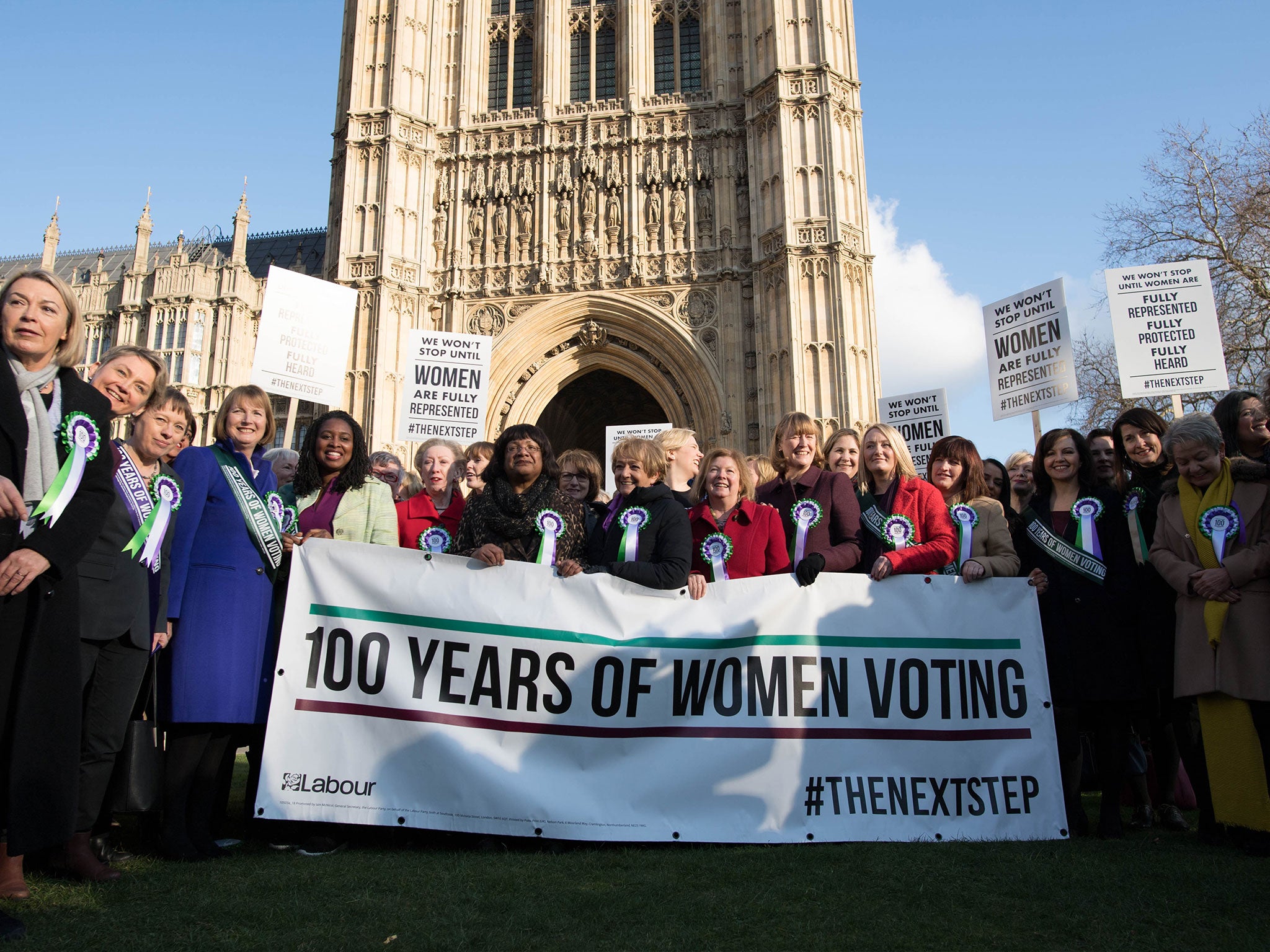 Female MPs at the launch of Labour’s campaign to celebrate 100 years of women’s suffrage on College Green in Westminster