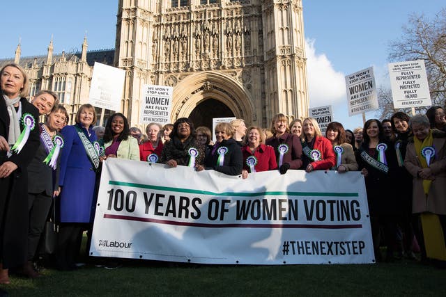Female MPs at the launch of Labour’s campaign to celebrate 100 years of women’s suffrage on College Green in Westminster