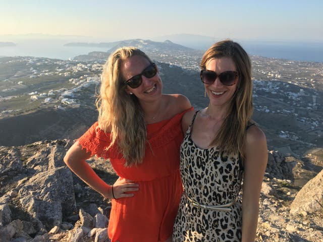 Sophie and Jo enjoying the scenic views over Santorini