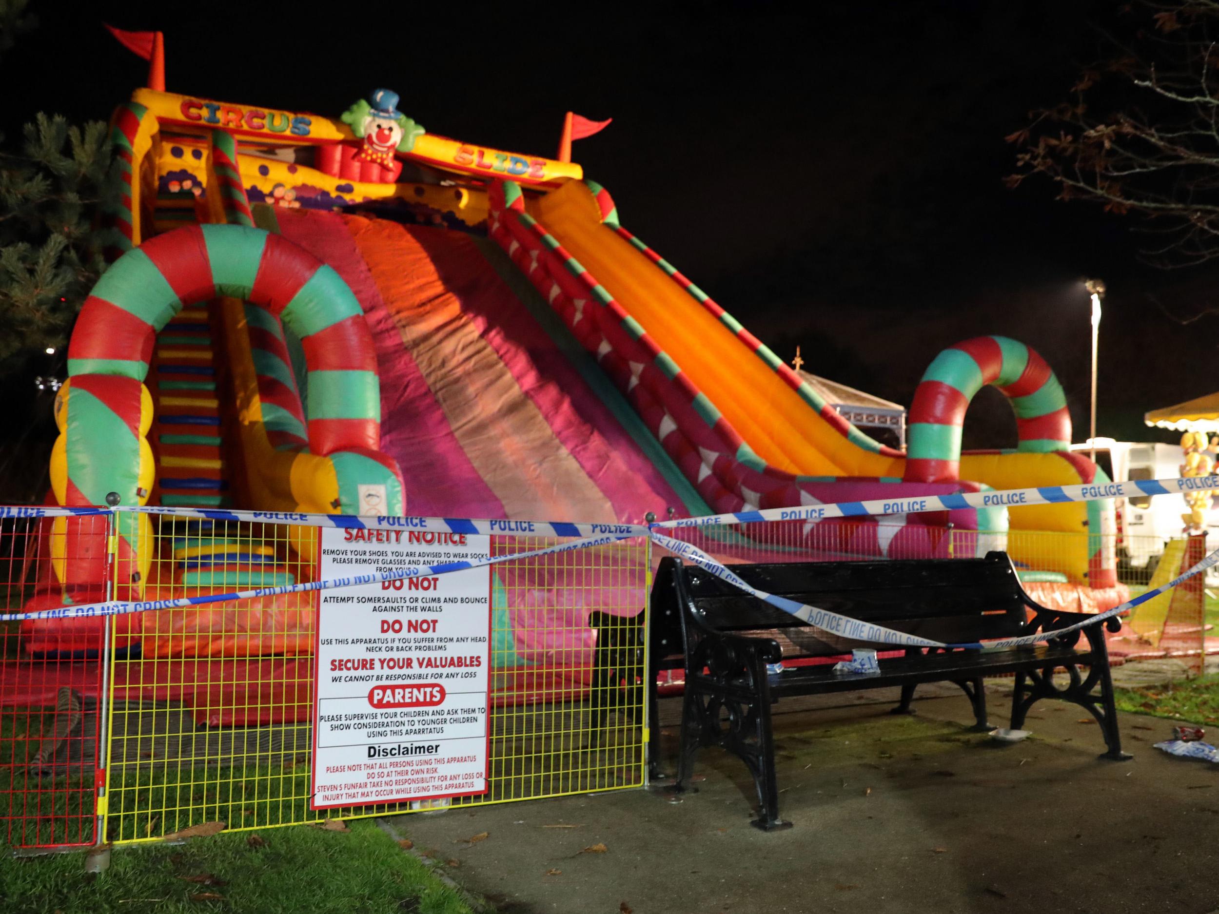 A view of the scene at a fireworks funfair in Woking Park, Surrey