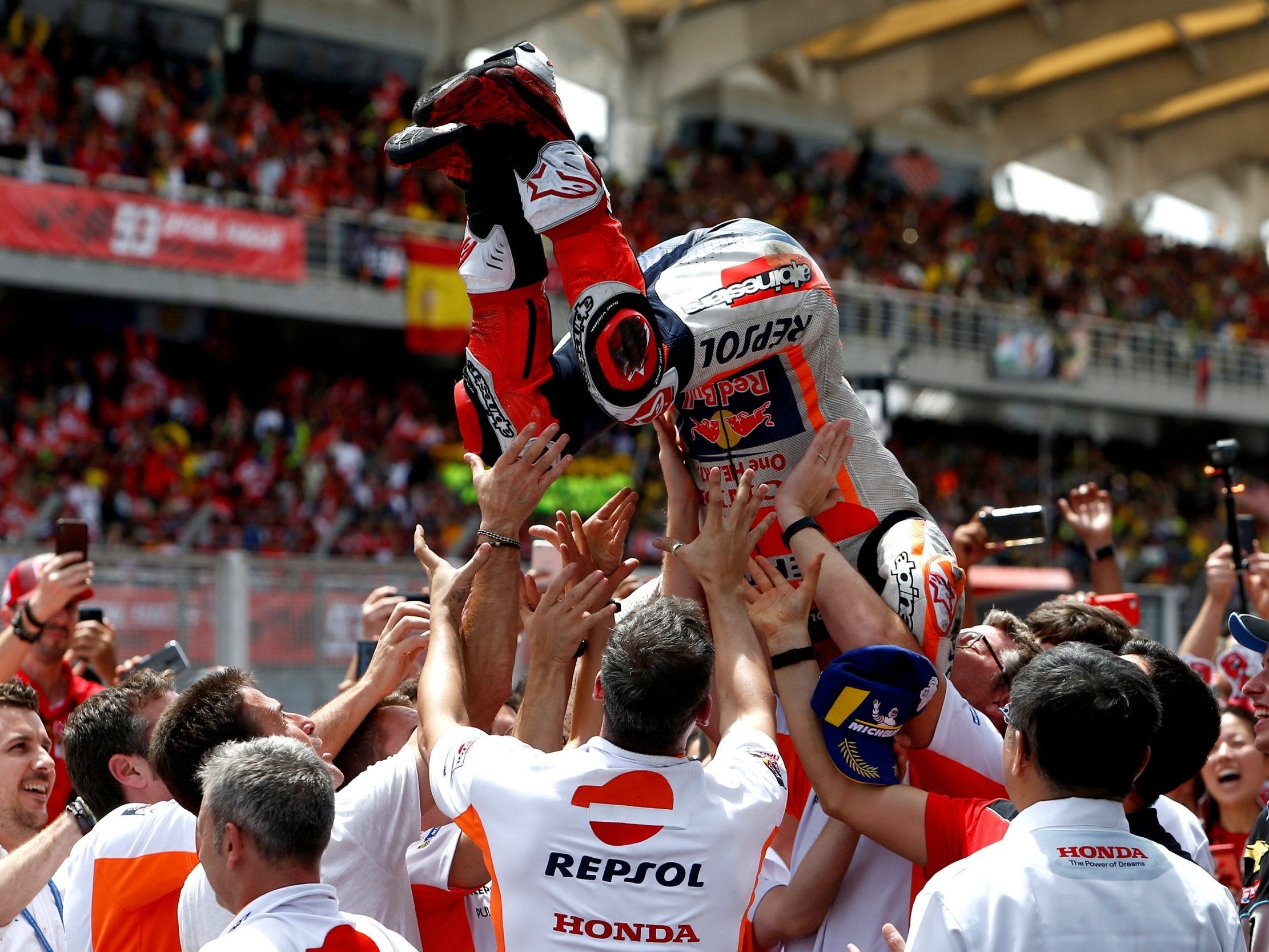 Marc Marquez celebrates as Honda wrapped up the constructors' championship
